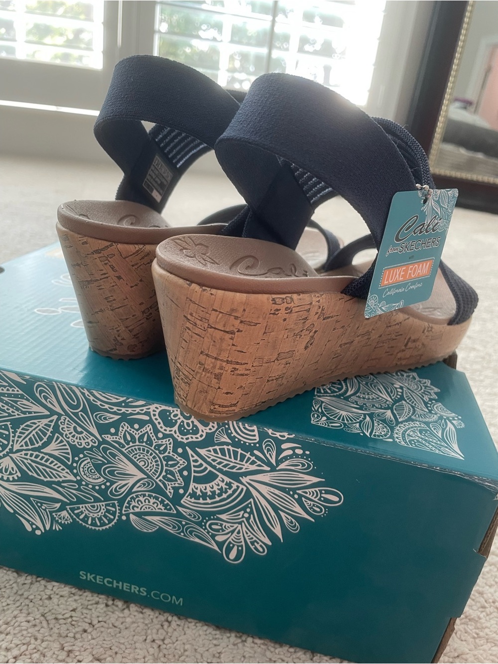 Skechers Cali Navy Elastic Strap Wedge Sandals with Cork-Look Sole - Picture 3 of 3